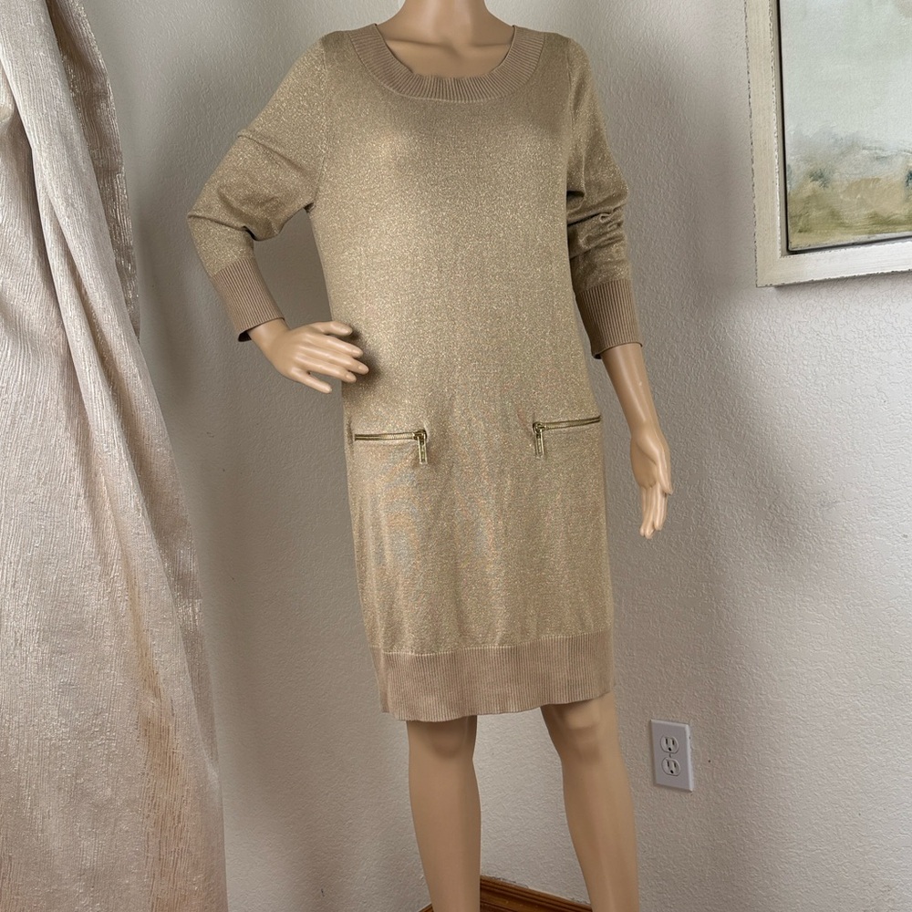 MICHAEL Michael Kors Gold Metallic Toffee Long Sleeve Knit Dress Zip Pockets